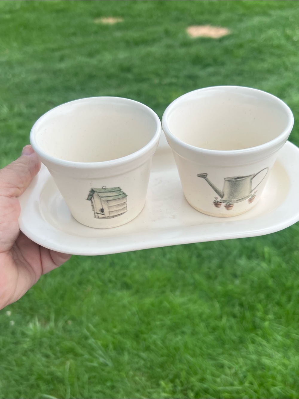Pfaltzgraff White Ceramic Double Planter with Garden Motifs